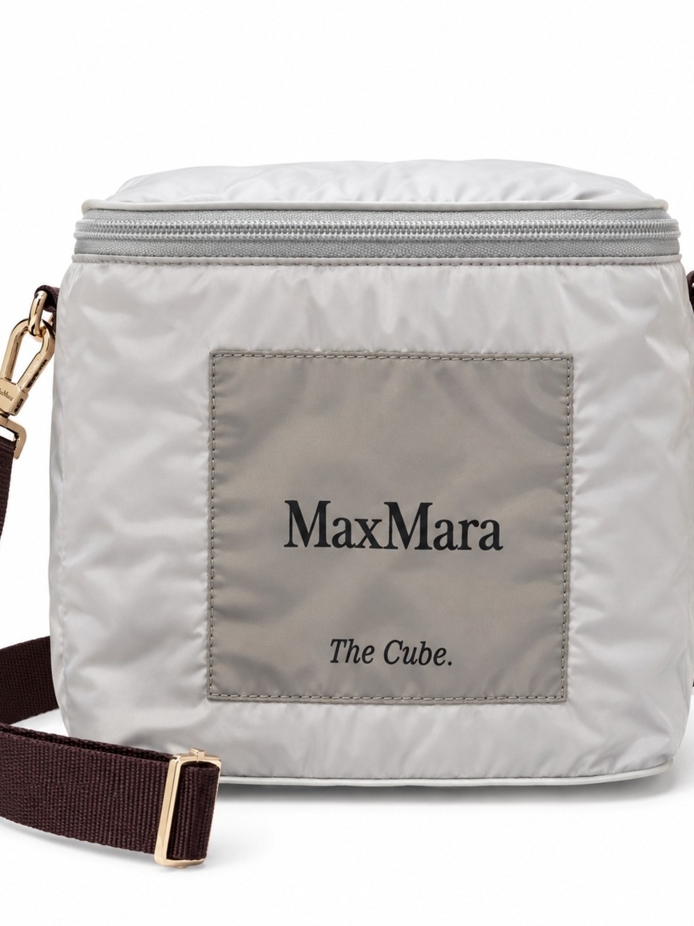 MaxMara Quilted Cube Crossbody Bag in Light Gray with Brown Strap